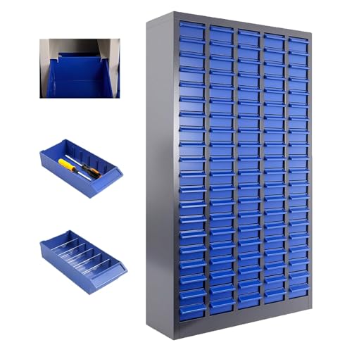 100 Drawer Alloy Steel Nut and Bolt Organizer, ABS Material Bolts Organizer, 26" L×9" W×46" H Drawer Parts Storage Cabinet, with Dividers and Labels for Laboratory, Studio, Home Use/Blue (100Drawer) - size: 100Drawer