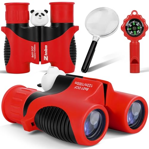 Binoculars for Kids 8x21 High-Resolution Real Optics with Magnifying Glass & Whistle Compass, Kids Binoculars for 3-12 Years Boys and Girls, Best Kids Toys for Outdoor Bird Watching, Hiking, Travel - color: Red