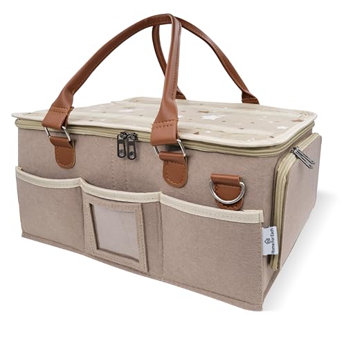 Baby Diaper Caddy Organizer with Lid, Multiple Compartments Baby Caddy, Waterproof Diaper Tote Bag for Infants, Travel Baby Bag for Must Haves, Baby Gift Basket for Newborn Essentials - color: Brown