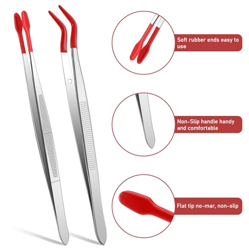 Rubber Tipped Tweezers, 2 Pcs PVC Coated Precision Tweezers Hobby Craft Tweezers Set, Long Bent and Straight Flat Tip Tweezers for Crafts Stamps Coin Beads Jewelry Industrial Electronic Lab (Red) - color: Red