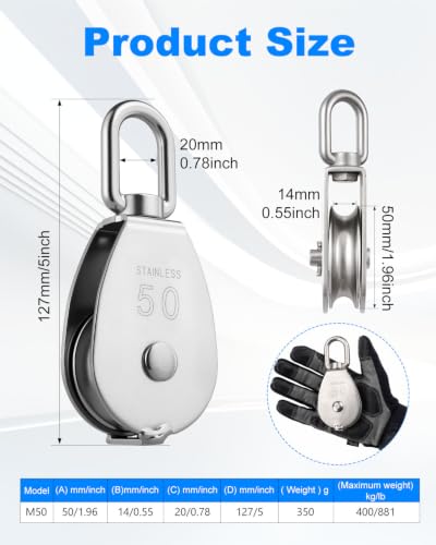 Rocaris 2 Pack M50 Single Pulley Snatch Block, 304 Stainless Steel - size: 2*M50 Single