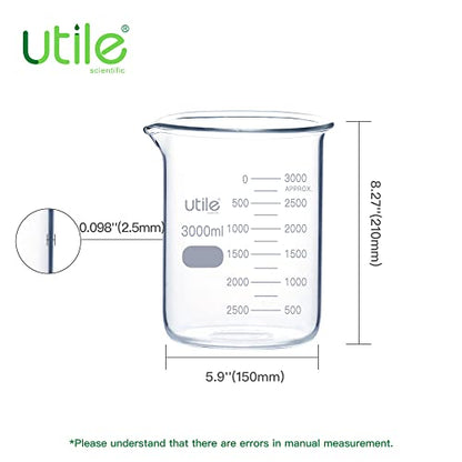 Utile 101.45oz(3000ml) Low Form Glass Beakers, Borosilicate 3.3 Glass with Printed Graduation, 4000.3000.1 - style: Vol.3000ml
