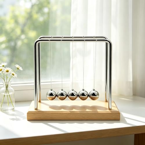 Newtons Cradle Balance Pendulum Balls, Swinging Kinetic Balls with Beech Base, Science Physics Educational Learning Tool, Office Home Creative Decoration, Stress Relief Fidget Desk Toy (Medium) - size: Beech Base Medium - 5 Balls