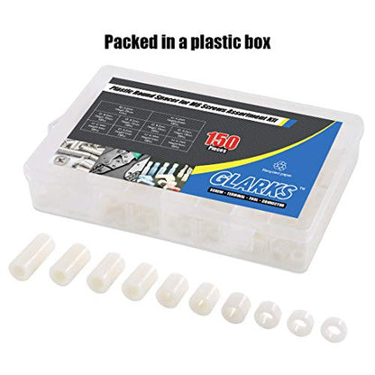 Glaks 150Pcs 10 Sizes Nylon Round Spacer Assortment Kit, OD 11mm ID 6.2mm for M6 Screws, Round Straight Tube, Nylon Standoff (3mm, 4mm, 5mm, 8mm, 10mm, 12mm, 15mm, 18mm, 20mm, 25mm)