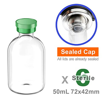 Sterile Empty Vials with Self Healing Injection Port and Aluminum Plastic Cap,Sterile Package (50ml Clear 6PCS) - size: 50ml Clear 6PCS