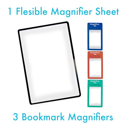 MagniPros Premium 3X (300%) Page Magnifying Fresnel Lens Magnifier 4.5" x 7" with 3 Bookmark Fresnel Lens Magnifiers for Reading Small Prints, Low Vision Aids & Solar Projects
