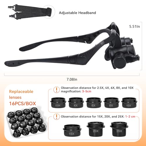 MLOGIROA Head Magnifying Glass with LED Light with 8 Interchangeable Lens - color: 8 Lens Head Mount Magnifier