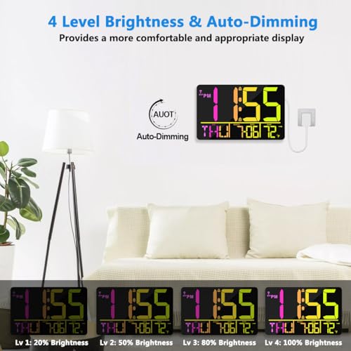 13" Bluetooth Auto Sync Wall Clock- Large Digital Alarm Clock with Remote - style: RGB Numbers