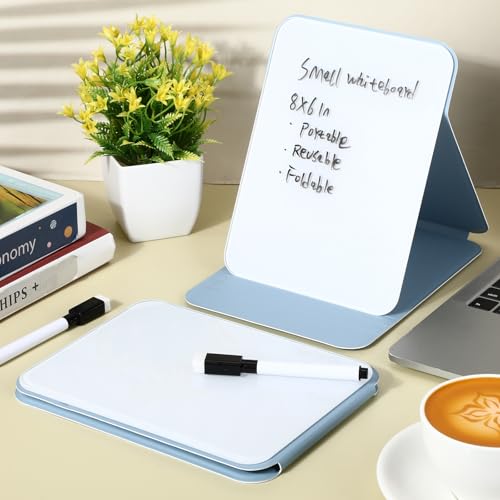 Dunzoom 2 Sets 4 Pcs Small Glass Desktop Whiteboard with Reversable Stand 8x6 Inch Mini Dry Erase White Board Easel with 2 Markers Reusable Desk Notepad for Home Office School Supplies (Blue) - color: Blue