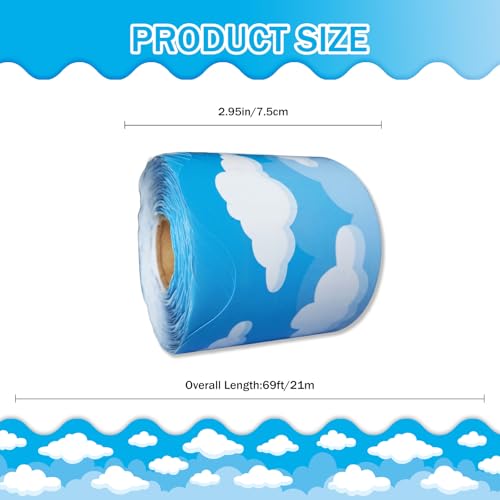 69 Feet Bulletin Board Borders Blue Sky Cloud Decorations Patterns Straight Rolled Border Trim for School Classroom Office Home Decoration Strips - color: Blue Sky & White Clouds