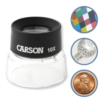 Carson LumiLoupe 10X Power Black/Clear Stand Magnifier, Ambient Light, 1.0 inch Lens Diameter, 2.0 inch Base Diameter, 2.0 x 1.75 x 2.0 inches, 0.05 kg - size: Single Pack