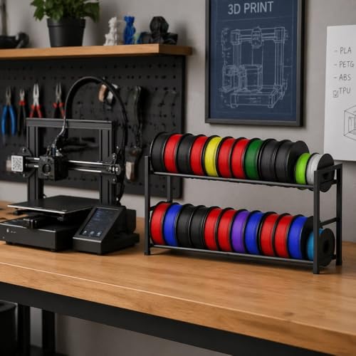 VYES 3D Printer Filament Storage Rack, 2-Tier Expandable Desktop Organizer, No Tools Needed Assembly, Holds 24 Spools for PLA/ABS/TPU, Rolling Spool Holder for Home, Office & Workshop