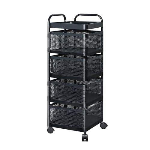 Rotating Kitchen Storage Rack, 4 Tier Rolling Cart with Fruit and Vegetable Basket, Black Storage Organization Dolly Cart with Wheels for Bathroom, Kitchen and Bedroom