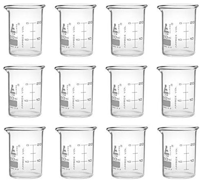EISCO 12PK Beakers, 20ml - ASTM - Low Form with Spout - Dual Scale, White Graduations - Borosilicate 3.3 Glass