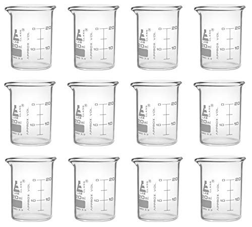 EISCO 12PK Beakers, 20ml - ASTM - Low Form with Spout - Dual Scale, White Graduations - Borosilicate 3.3 Glass