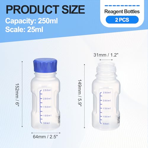 PATIKIL 250ml Reagent Bottle 2Pcs Graduated Storage PP Blue Cap Transparent - color: Transparent, size: 250ml