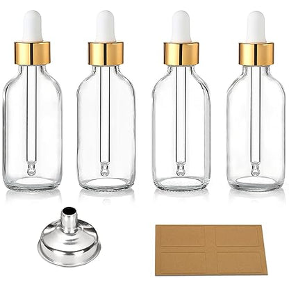 AOZITA Set of 4, 2 oz Golden Cap Clear Dropper Bottles (60ml) with 1 Funnel & 4 Labels - Glass Tincture Bottles for Essential Oils with Eye Droppers - Leak Proof Travel Bottles for Liquids - color: Clear with Eye Droppers