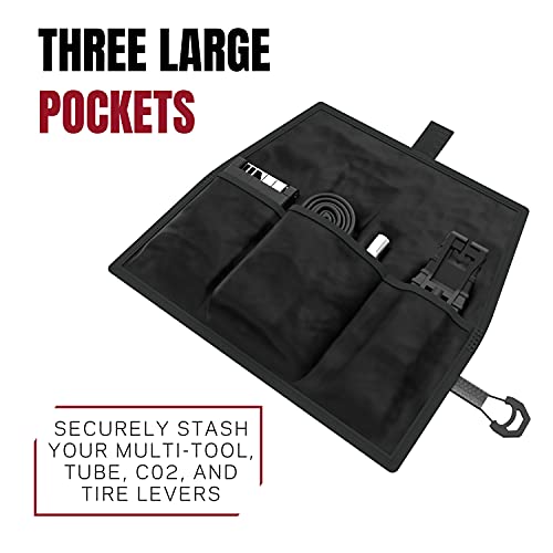 KOM Cycling Saddle Tool Roll Bag for Road, Mountain Biking, and Gravel Cycling - Saddle Roll is an alternative to the traditional Cycling Saddle Bag - Features 3 pockets and ATOP dial for tightening! - color: Stealth Black