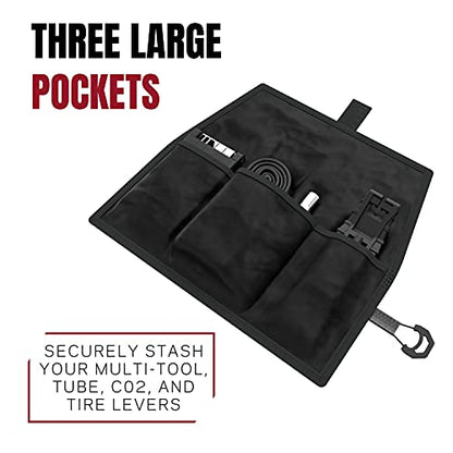 KOM Cycling Saddle Tool Roll Bag for Road, Mountain Biking, and Gravel Cycling - Saddle Roll is an alternative to the traditional Cycling Saddle Bag - Features 3 pockets and ATOP dial for tightening! - color: Stealth Black