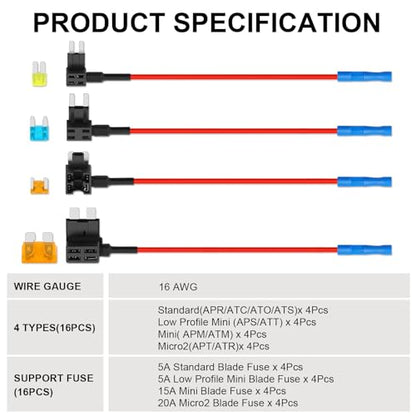 Cooclensportey 16 Pack 4 Types Fuse Tap, 12V Car Add a Circuit Fuse Tap Kit