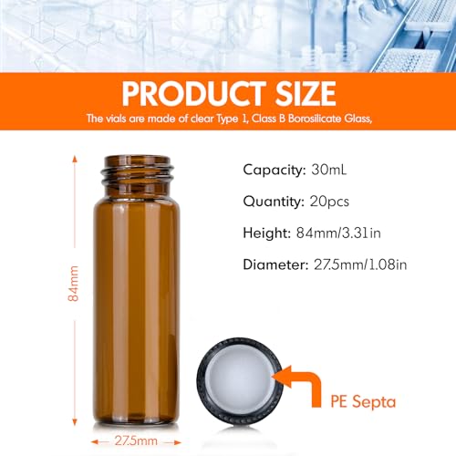PEKYBIO 20PCS 30ML Amber Liquid Sample Glass Vials with Screw Caps - size: 27.5*84mm 30ml Vial