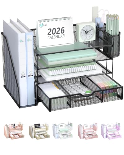 WALI Desk File Organizer, 4 Tier Desktop Paper Letter Tray Organizer with Drawer and 2 Pen Holders, Office Desk Accessories & Workspace Organizers for Office, Home Supplies(DO005DH-B), 1 Pack, Black - color: Black, size: 4-Tier