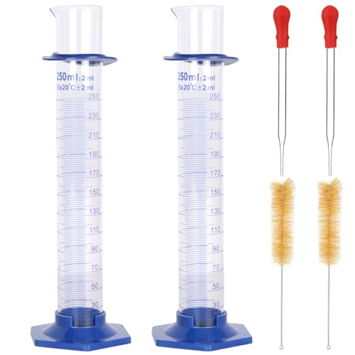2Pcs 250ml Graduated Cylinder, Thick Glass Measuring Cylinder, with Anti-Falling Plastic Base and Bumper Guards, for Science Laboratory Measuring Liquid, Bring 2 Brushes and droppers - size: 250ml