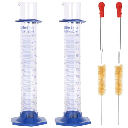 2Pcs 250ml Graduated Cylinder, Thick Glass Measuring Cylinder, with Anti-Falling Plastic Base and Bumper Guards, for Science Laboratory Measuring Liquid, Bring 2 Brushes and droppers - size: 250ml