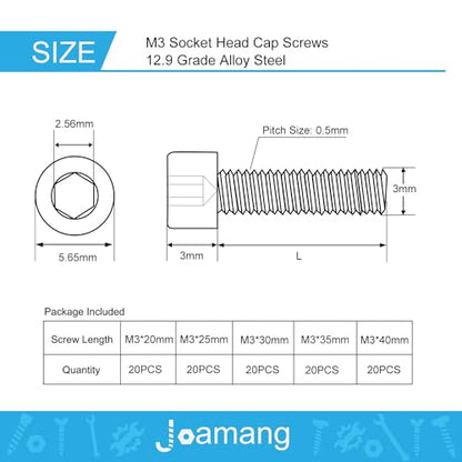 M3 x 20mm 25mm 30mm 35mm 40mm Hex Socket Head Cap Screws Bolts, 12.9 Grade Alloy Steel, Black Oxide Finish, Metric Allen Drive, Fully Threaded, Assortment Kit 100Pcs - size: Socket M3x20-40 mm