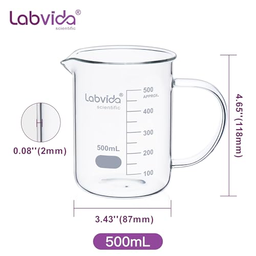2pcs Beakers with Handle, 500ml, 3.3 Borosilicate Glass, Griffin Low Form Beaker Mug with Printed Graduation, LVAT001 - color: 2PCS of Vol. 500ml