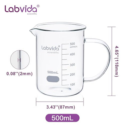 2pcs Beakers with Handle, 500ml, 3.3 Borosilicate Glass, Griffin Low Form Beaker Mug with Printed Graduation, LVAT001 - color: 2PCS of Vol. 500ml