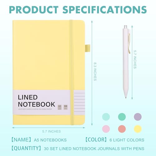 Aodaer 30 Set Lined Notebook Journals with Pens A5 Notebooks 100 GSM College Ruled Hardcover Notebook PU Leather Notepad with Pen Holder for Office School, 5.7 x 8.3 Inches, Light Multicolor - color: Light Multicolor