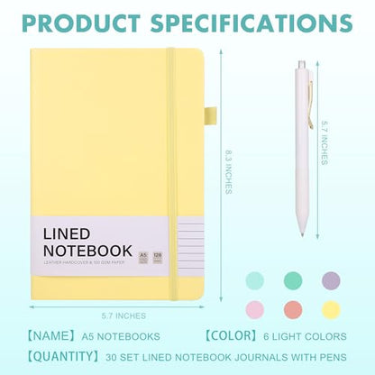 Aodaer 30 Set Lined Notebook Journals with Pens A5 Notebooks 100 GSM College Ruled Hardcover Notebook PU Leather Notepad with Pen Holder for Office School, 5.7 x 8.3 Inches, Light Multicolor - color: Light Multicolor