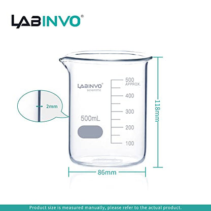 Low Form Graduated Glass Beaker, 6pcs of Vol.500ml, 3.3 Borosilicate Glass Beaker Set, IN-BKL500 - style: 6 PCS of 500 mL