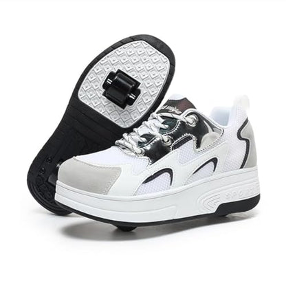 Wooowyet Roller Skate Shoes for Kids Boys Girls Rechargealbe Wheels Sneakers Fashion Roller Wheeled - color: Mesh White, size: 8 Big Kid