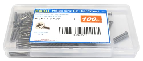 iexcell 100 Pcs M3 x 20mm Thread Pitch 0.5 mm Stainless Steel 304 Phillips Drive Flat Head Countersunk Screws Bolts, Bright Finish - size: M3 x 20mm