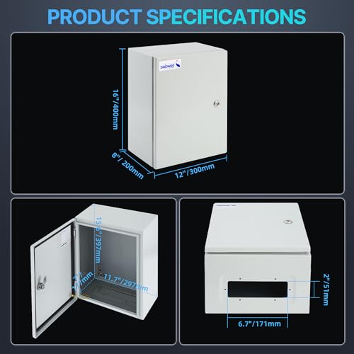 16x12x8 NEMA 4X Electrical Enclosure Metal Outdoor Enclosure Box - size: 16"H × 12"W × 8"D