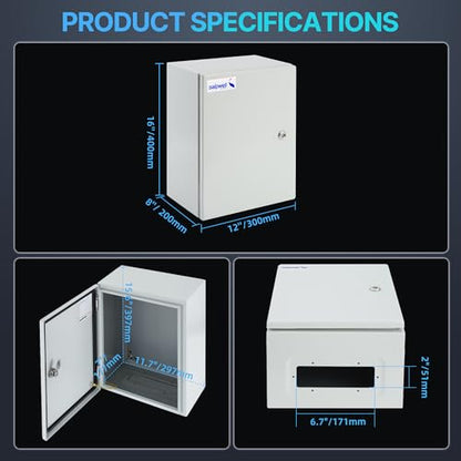 16x12x8 NEMA 4X Electrical Enclosure Metal Outdoor Enclosure Box - size: 16"H × 12"W × 8"D