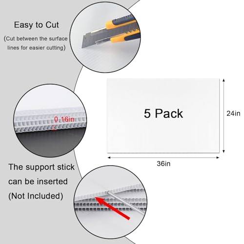 Corrugated Plastic Board 24" x 36", 5 Pack White Plastic Poster Board & Blank Yard Signs, 3/16 Inches Thick Double-Sided Poster Sheets for School Projects, Craft, Art, Garage Sale, Rent - size: 24" x 36"