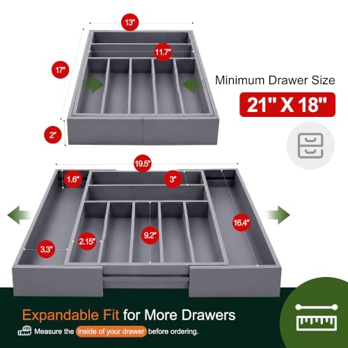 Large Premium Bamboo Silverware Organizer - Expandable Drawer Organizer & Utensil Organizer - 17"x19.7" Cutlery Tray with Dividers for Kitchen Utensils and Flatware (7-9 Slots) (Grey) - color: Grey, size: 9 Slots Expandable