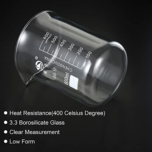 PATIKIL 600ml Low Form Glass Beaker, 3.3 Borosilicate Glass Graduated Printed Scale Measuring Cups with Spout for Kitchen Lab Liquids Transit Boiling - size: 600ml