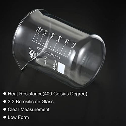 PATIKIL 600ml Low Form Glass Beaker, 3.3 Borosilicate Glass Graduated Printed Scale Measuring Cups with Spout for Kitchen Lab Liquids Transit Boiling - size: 600ml