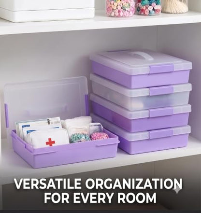 1/2 Pack Craft Organizers and Storage Box with Removable Tray, Portable Project Case with Handle and Lid, 2-Tier Art Supply Organizer, File Box for A4 Paper, Scrapbook, 5-Quart (2)