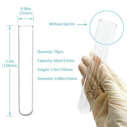10pcs 60ml Glass Test Tubes, 25x150mm 3.3 Borosilicate Glass Test Tubes for Scientific Experiments, Party and Home Decorations, Candy Storage and Plant Propagation - size: 60ml