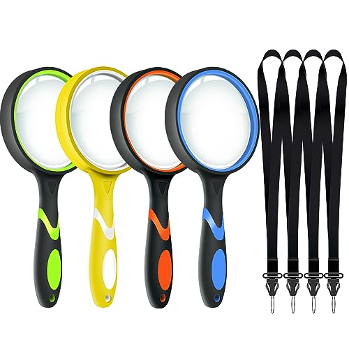 Leffis 4 Pack Magnifying Glass, 10X Non-Slip Handheld Reading Magnifier - color: 4 Pack(green/Yellow/Orange/Blue) With Lanyard
