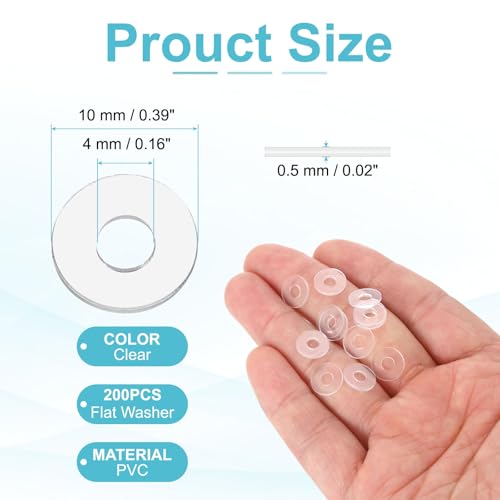 PATIKIL Flat Washer, 200 Pcs PVC Plastic Washers Round Sealing Spacer Gasket 4mm ID 10mm OD 0.5mm Thickness for Shower Door Handles Towel Bars Grommets Hardware Replacement, Clear - size: 4mm ID x 10mm OD x 0.5mm Thickness