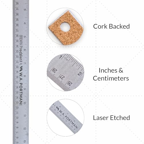 WA Portman Metal Ruler 15'', 2pc Corkback Stainless Steel Ruler Metric Edge - size: 15" 2 PACK
