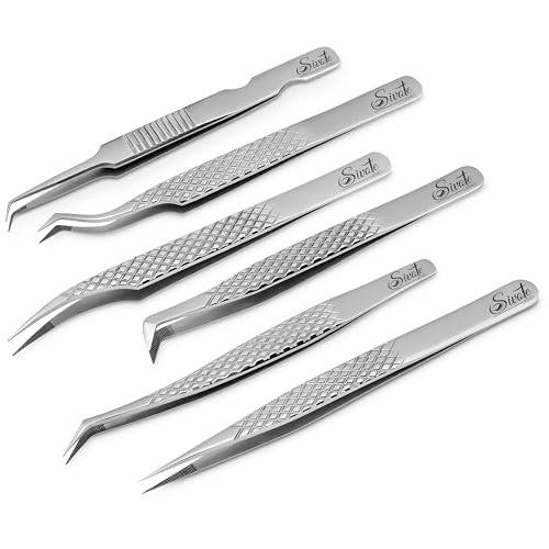 Eyelash Extension Tweezers Set of 6, Japanese Steel, Silver - color: Silver