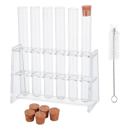 OLYCRAFT 6Pcs 20ml Plastic Test Tube with Cork Stopper 6x0.6 Inch Transparent Plastic Tubes Bottles with 6 Holes Acrylic Rack for Plants Propagation Scientific Experiments Storage