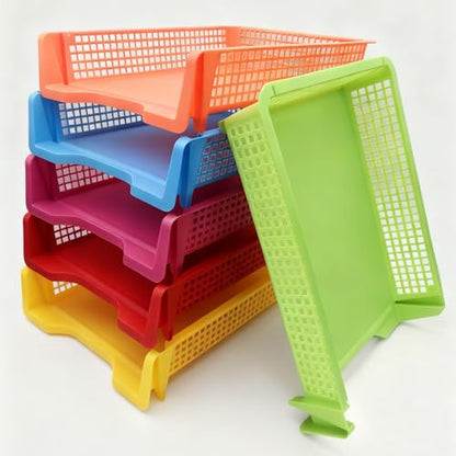 6 PCS Colorful Plastic Trays Rainbow Classroom Turn in Trays Stackable Paper Tray for Teachers Office Files Document Storage Playroom Organization Basket Classroom Library